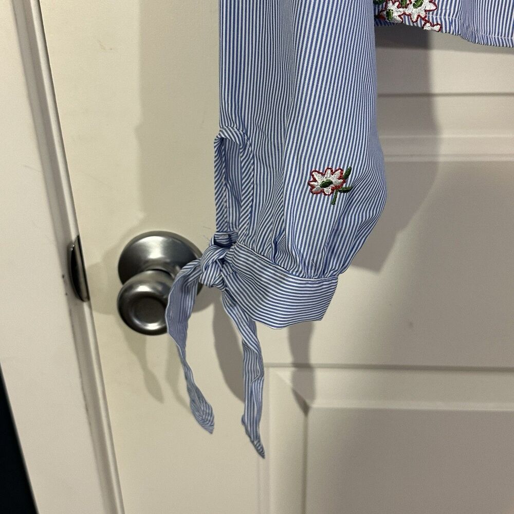 Bleuh Ciel Womens Blouse Medium Blue Striped Backless Big Bow Tie Embroidered - Picture 4 of 8